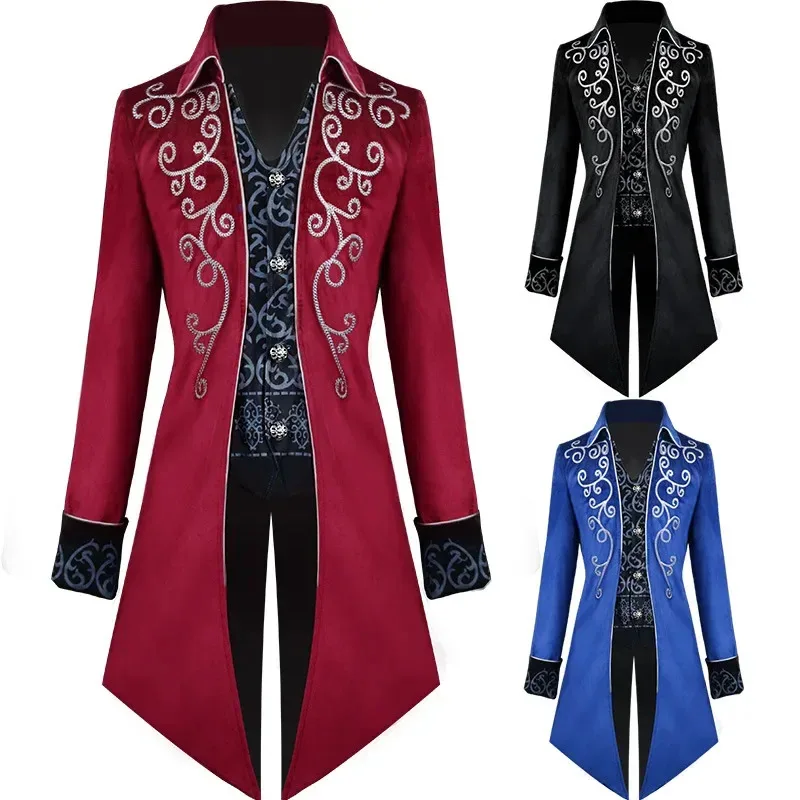 Gotischer Steampunk Vintage Mittelalterlicher Vampir Schwarzer Roter Mantel Herren Cosplay Kostüm Hofstil Adliger Frack für Herbst und Winter