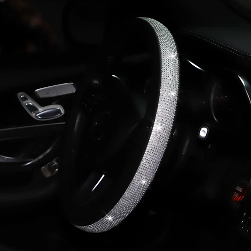 Imagen 2 del producto Cubierta de rueda interior de coche con diamantes de imitación de malla intermitente de cuero PU adecuada para accesorios interiores de coche de 14,5 - 15 pulgadas para mujer
