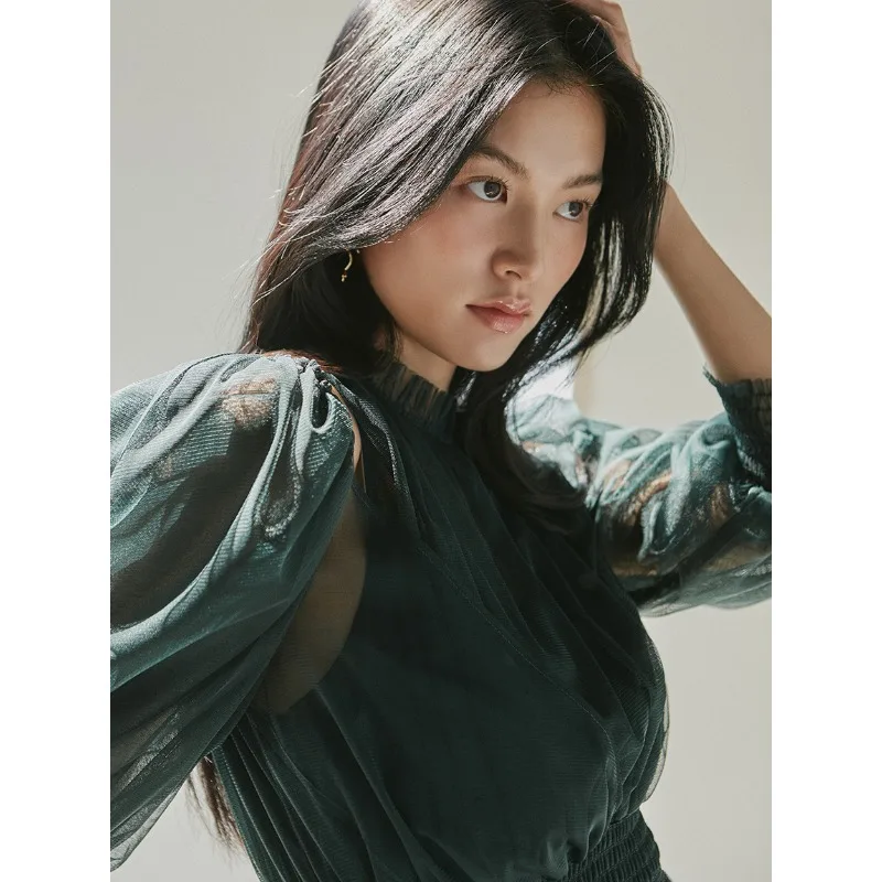 WAKUTA Japanese Sweet Fairy Temperament Waist Tied Pleated Sheer Bubble Sleeve Off The Shoulder Dress for Summer Maxi Dress