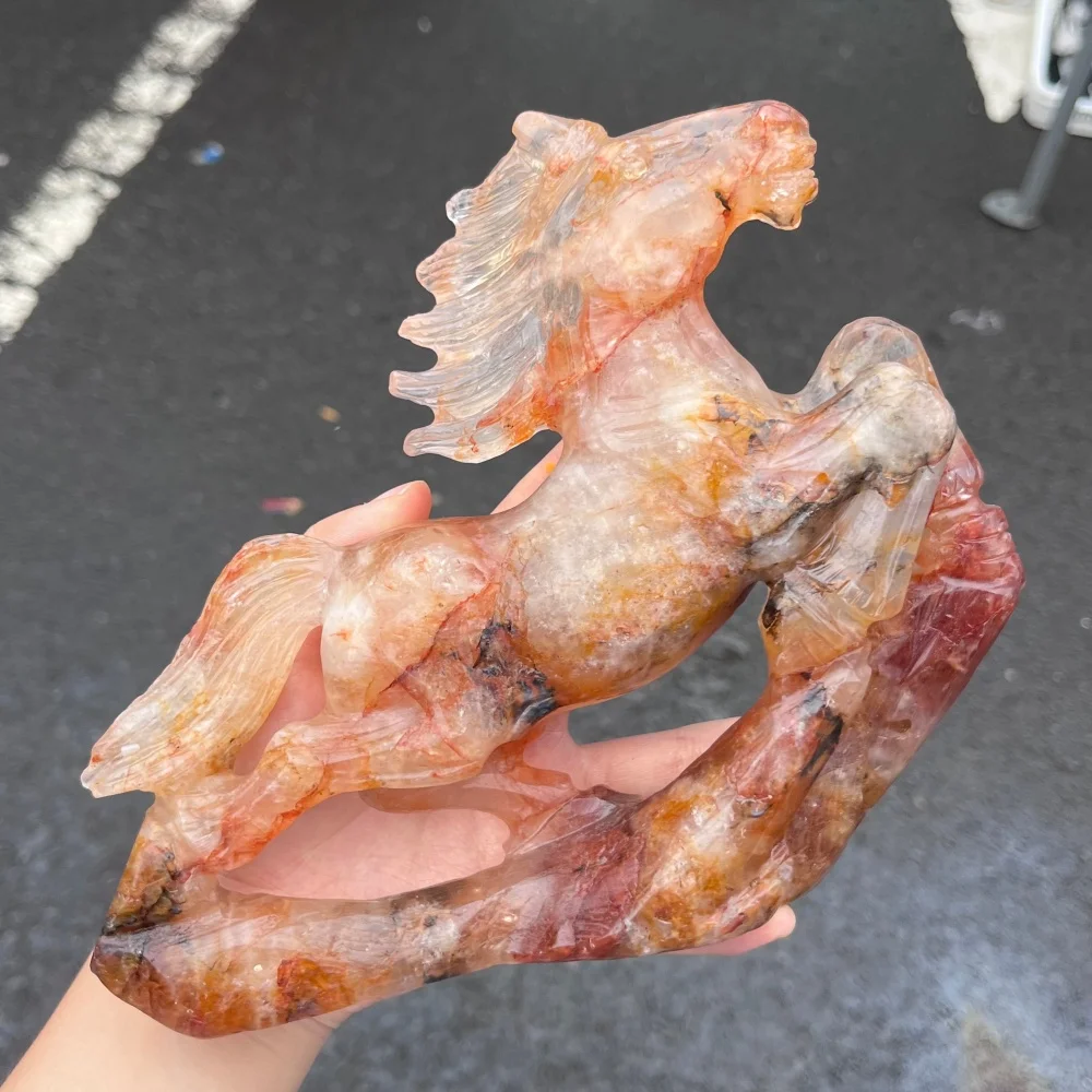 1PC Natural Red Fire Quartz Hematoid Horse Carving - Healing Fengshui Home Decor Unique Lucky Gift Fashion Design