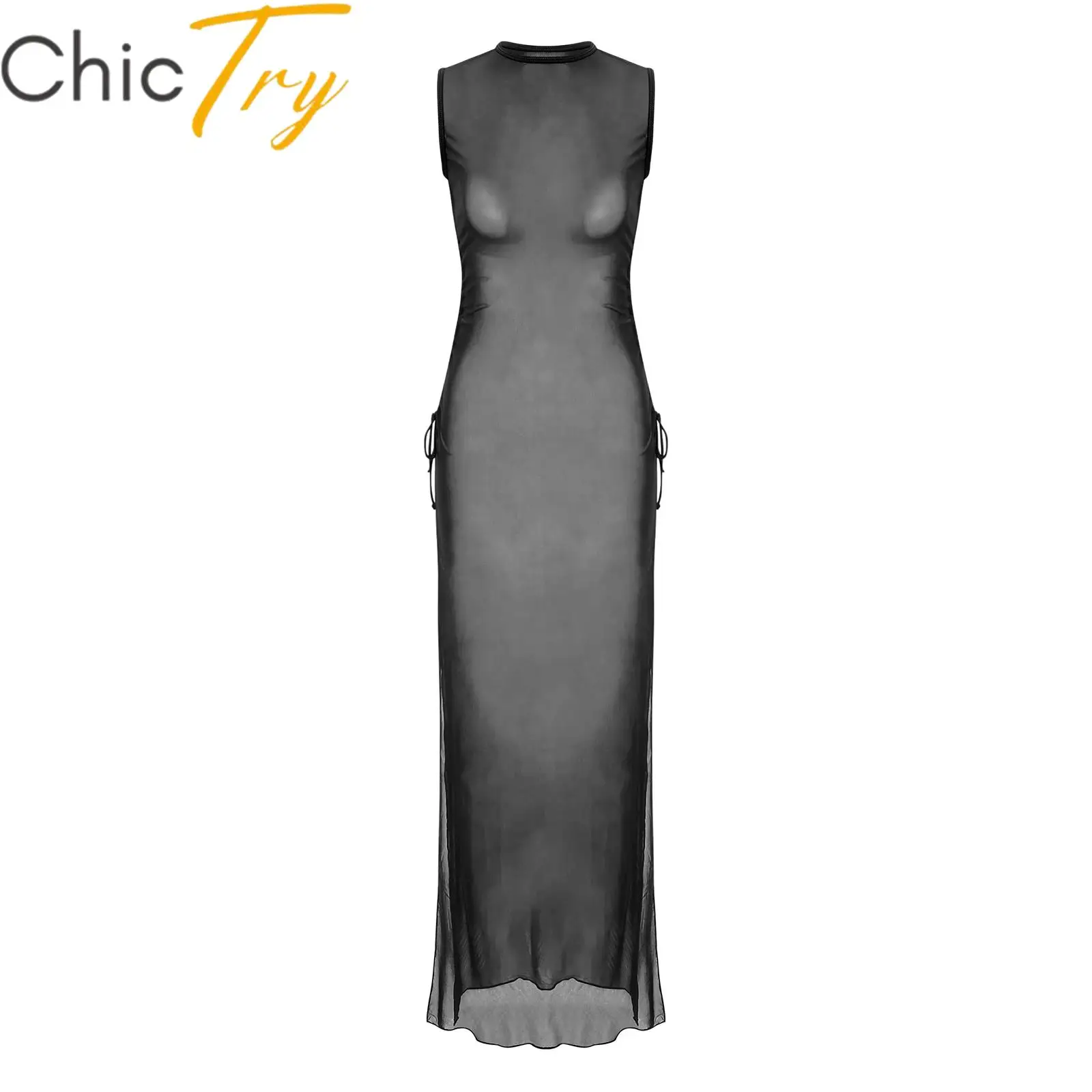 

Womens Bodycon Summer Dress Bikini Cover Up Sheer Dress Sleeveless Slit Mesh Dress See Through Beach Swimsuit Beachwear Swimwear