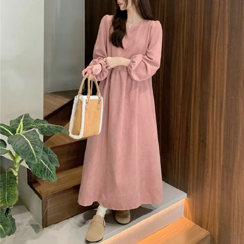 

French Casual Lantern Long Sleeve Corduroy Dress Female Autumn Winter Pleated Casual Loose Inside With Draping Bottom Skirt Tide