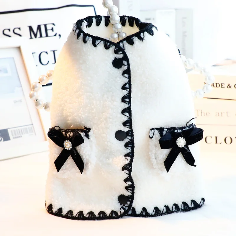 

Puppy Dog Vest Coat Clothing 2024 Autumn Winter Beige Warm Plush Cute Bow Coats For Small medium Dogs Chihuahua Pet Dog Clothes