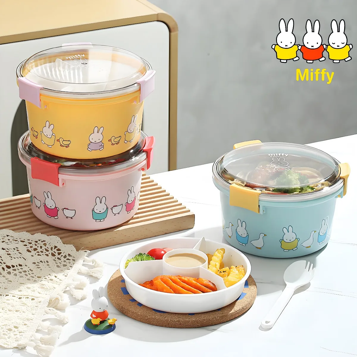 Kawaii Miffy Rabbit Runde Bento-Box Niedliche Cartoon-Edelstahl-Lunchbox Pendeln Tragbare Lunchbox Obstsalat-Geschirr