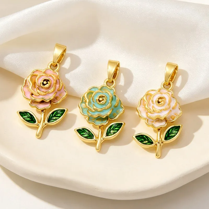 Copper Plated 18K Gold Drop Oil Micro Inlaid Cartoon Rose Camellia Pendant Hanging Diy Necklace Handmade Accessories Charms