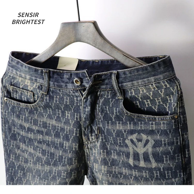 European and American Fashion Brand Cowboy Middle Pants Men's Five-Point Shorts Non-Fading Washed Printed Denim Shorts