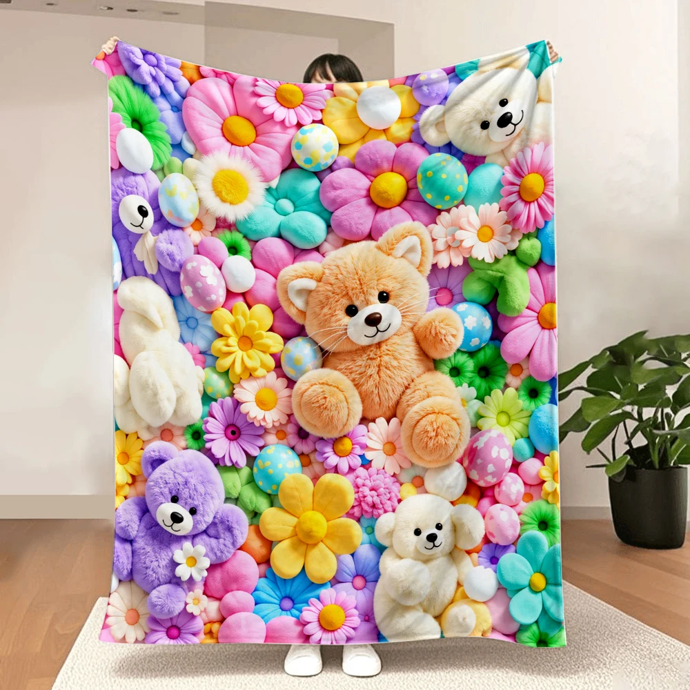1PC cuddly teddy bear and colourful printed blanket-made of soft fluffy flannel, perfect for the sofa or bed. Home decoration, h