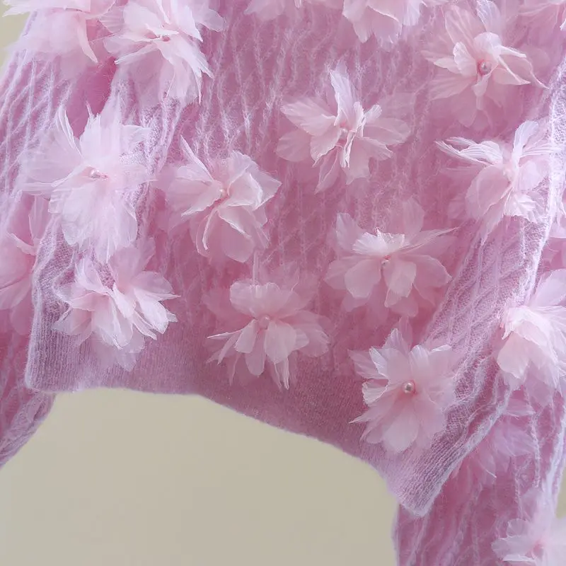 الفاخرة الماس ثلاثية الأبعاد الأزهار متماسكة البلوزات الملابس النسائية تصميم شيك بلوفر مغزول الخريف الربيع معاطف قصيرة بلايز سترة جديد