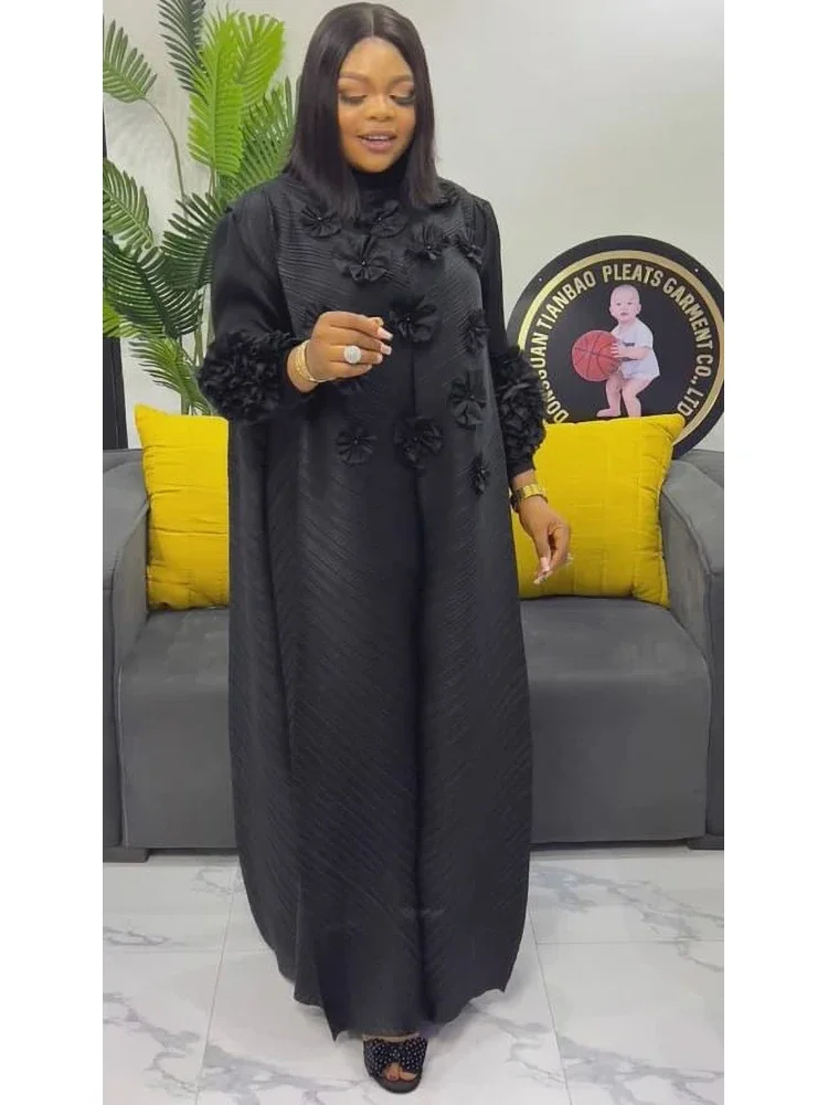 ANLAN Miyake Pleated Maxi Long Dress 3D Flower Splicing Lantern Sleeve Half Turtleneck Formal Dresses for Women 2025 New 5AN9928
