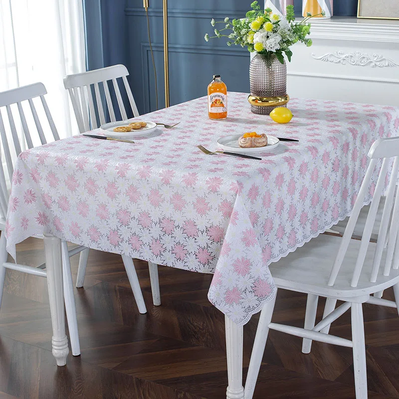 PVC Lace Tablecloth Waterproof Washable and Erasable Table Linen Tea Table Cloth Rectangular Table Cover Whitepink Color