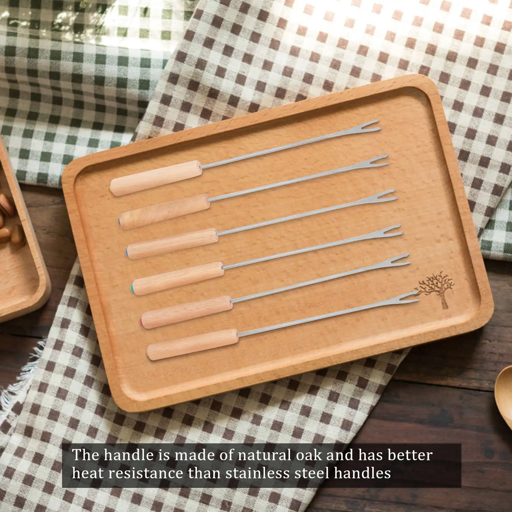 

Stainless Steel Color Coding Chocolate Fountain Cheese Fondue Forks with Oak Wood Handle Heat Resistant, Skewers Marshma Y