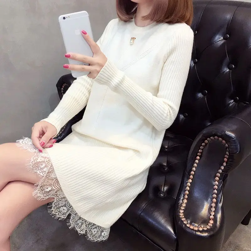 Autumn New Sweater Simplicity Patchwork Lace Solid Color O-neck Long Sleeve Knitting Mid Length Top Ladies All-match Pullovers