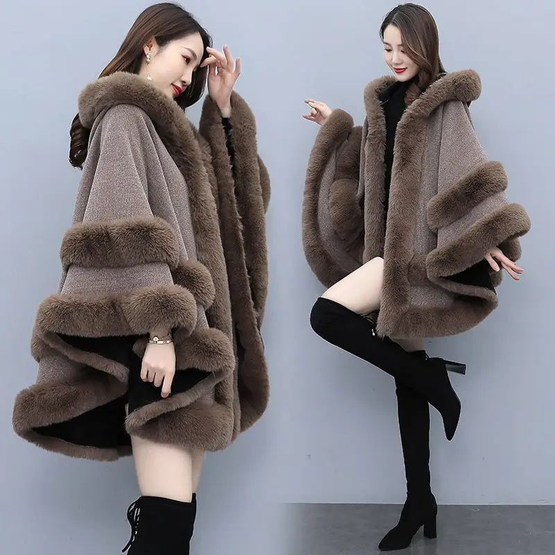 

Winter Batwing Sleeves Cloak Women Warm White String Faux Rabbit Fur Turn-Down Collar Poncho Cape Knitted Outstreet Coat E1520