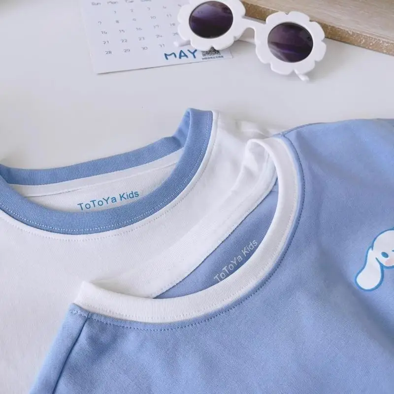 Sanrioed dziecięca bawełniana koszulka z krótkim rękawem Kawaii Cinnamoroll Girl Cartoon Fashion w stylu Casual, letnia nowe ubrania dla dzieci prezent dla dziewczynki