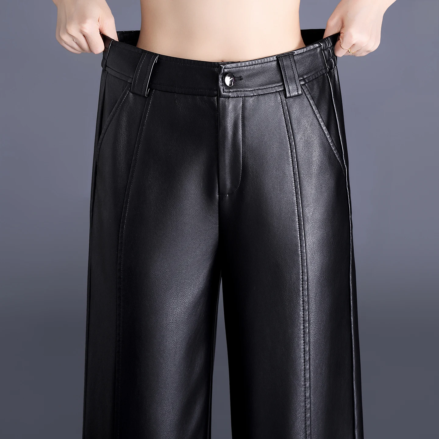 ZUZK Winter Pu Leather Pants New Elastic Waist Straight Pants PU Leather Trousers Large Size Fashion Warm Long Pants