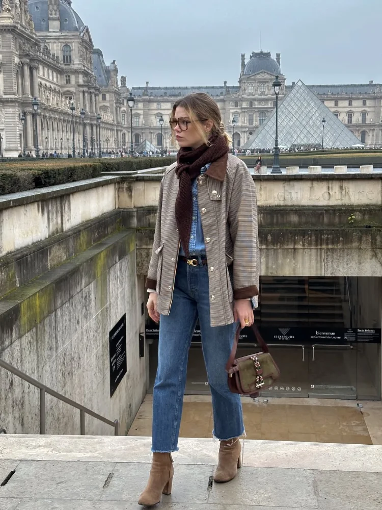 Veste à carreaux manteau femmes vintage boutons poches plaquées femmes coupe ample manteaux courts début automne décontracté vêtements d'extérieur à la mode