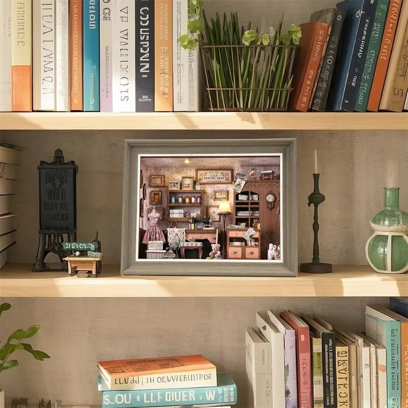 Diy livro nook kit 3d em miniatura de madeira casa boneca moldura foto ornamento estante inserção retro booknook decoração para presentes aniversário