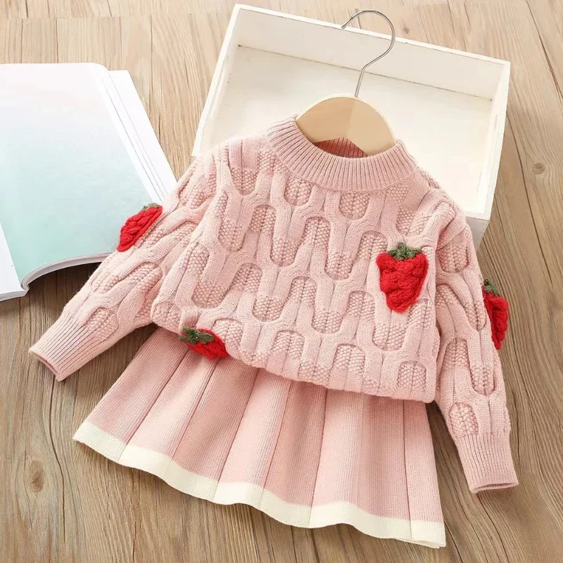 Children's Sweater Set Autumn and Winter New Girls Strawberry Decal Knitted Long-sleeved Sweater + Sweater Skirt Two-piece Suit