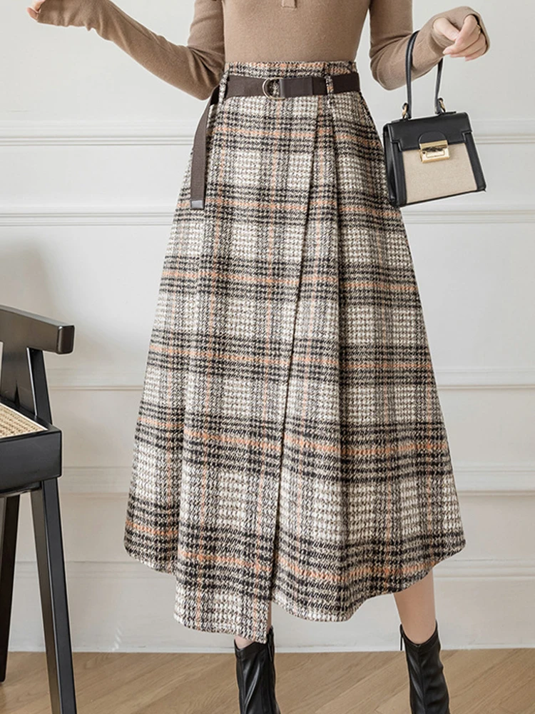 

Plaid Skirt Women Autumn Winter Long Skirts Female Vintage Faux Woolen Midi Skirt Ladies Elegant Fashion High Waist Skirts