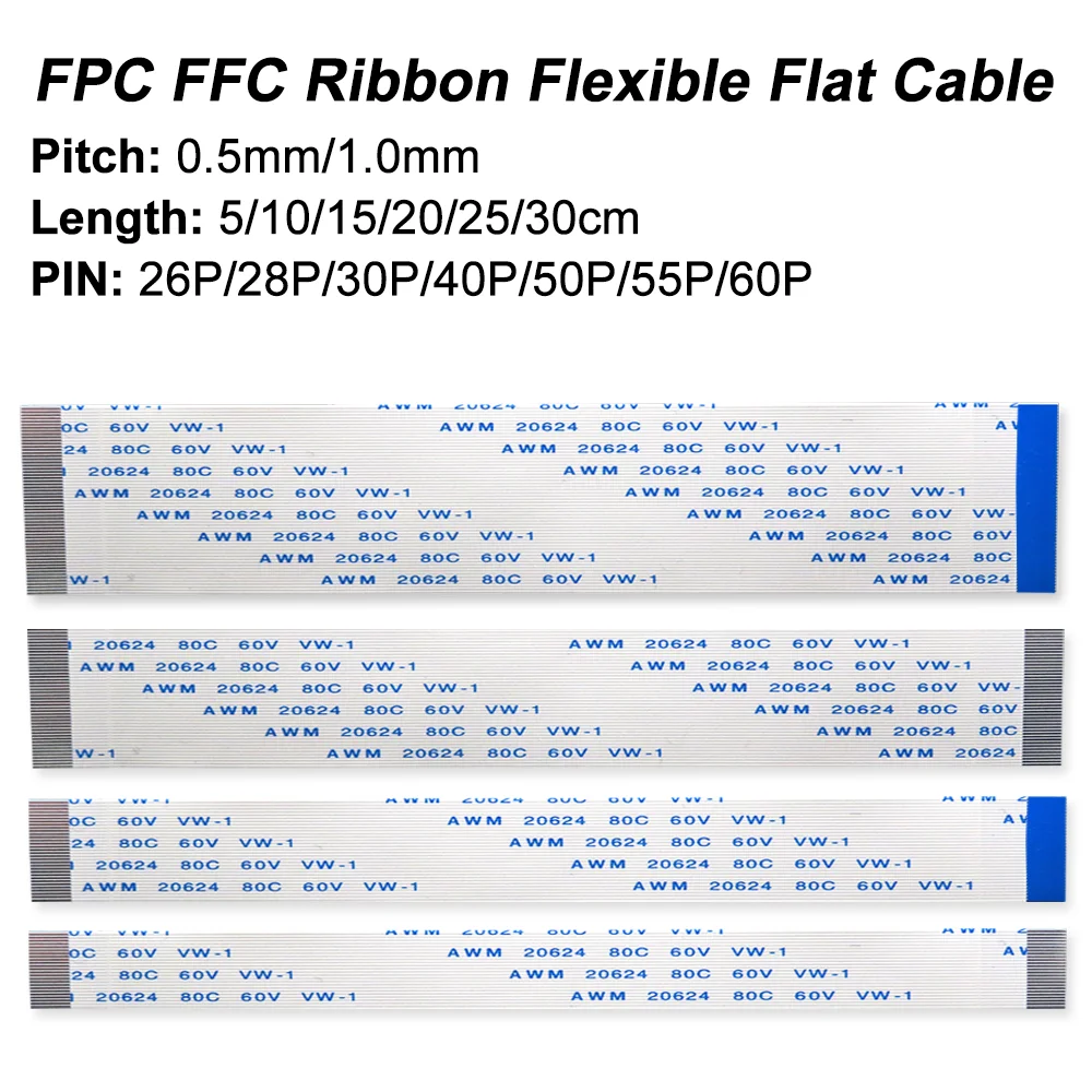 10PCS A-Type B-Type FPC FFC Ribbon Flexible Flat Cable 26P 28P 30P 40P 50P 55P Pin Pitch 0.5MM 1.0MM 10CM 20CM 30CM 5CM