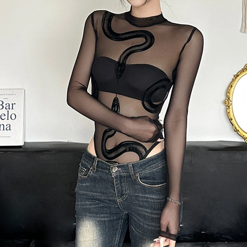 ملابس داخلية مثيرة على شكل ثعبان مطبوعة بشبكة مرقعة ضيقة ورقبة دائرية وأكمام طويلة ثوب فضفاض للنساء موضة صيف 2025 ملابس خروج للسيدات #5