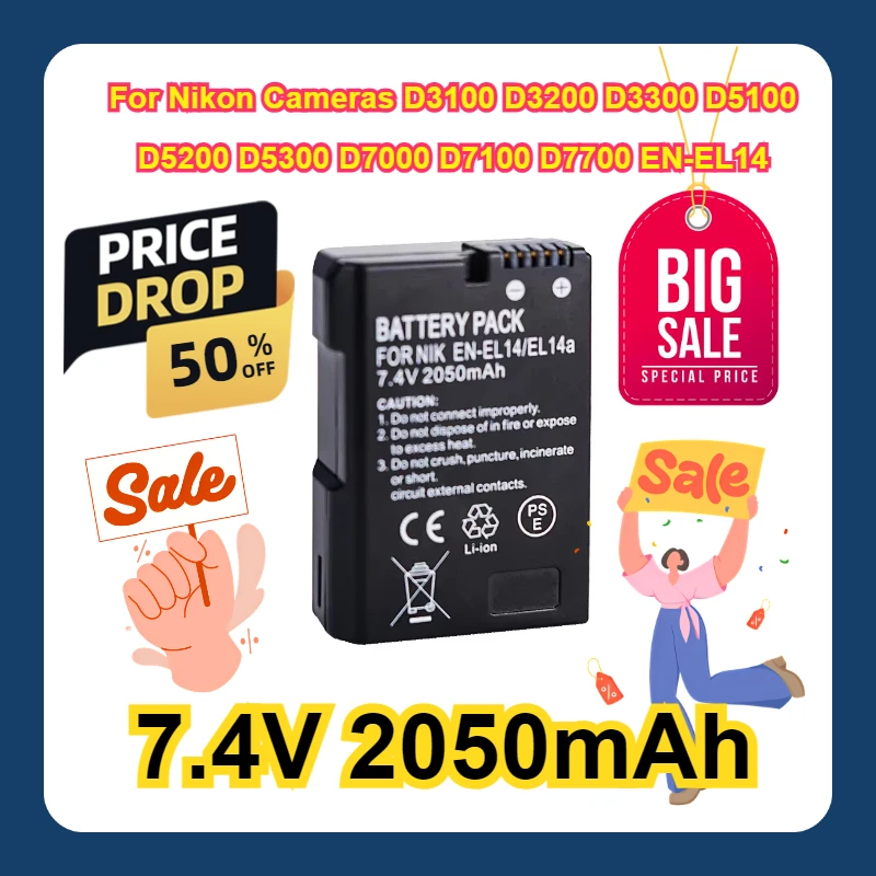 

7.4V 2050mAH Battery Suitable For Nikon Cameras D3100 D3200 D3300 D5100 D5200 D5300 D7000 D7100 D7700 EN-EL14