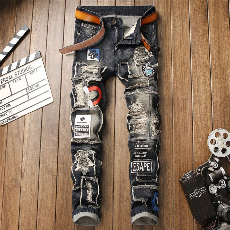 High-End Men's Slim Fit Retro Hole Patch Embroidery Badge Trendy Elastic Long Jeans Cotton Stretch Denim mid Waist Zipper Casual
