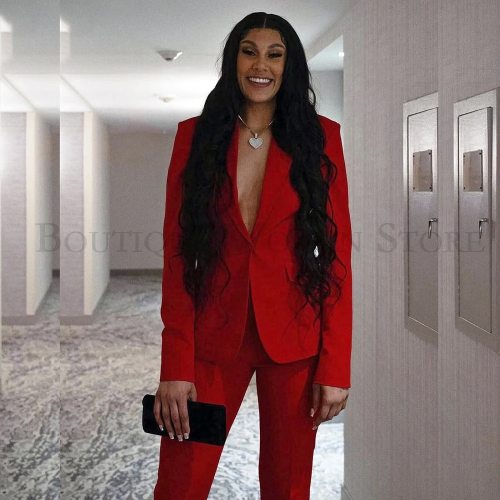 

Fashion Red Women's Suits Formal Slim Fit Peak Lapel Female Clothing High Quality Customzied 2 Piece Jacket Pants Outfits Blazer