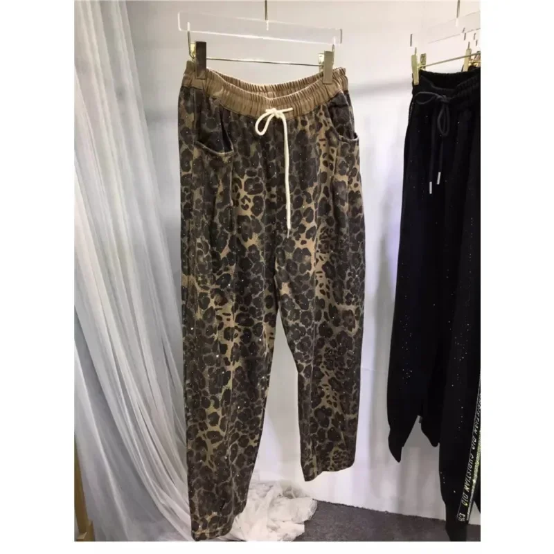 Autumn Rhinestones Leopard Harlan Pants Woman Large Size Winter Women's Elastic Waist Hot Diamond Tied Trousers Trendy Clothes