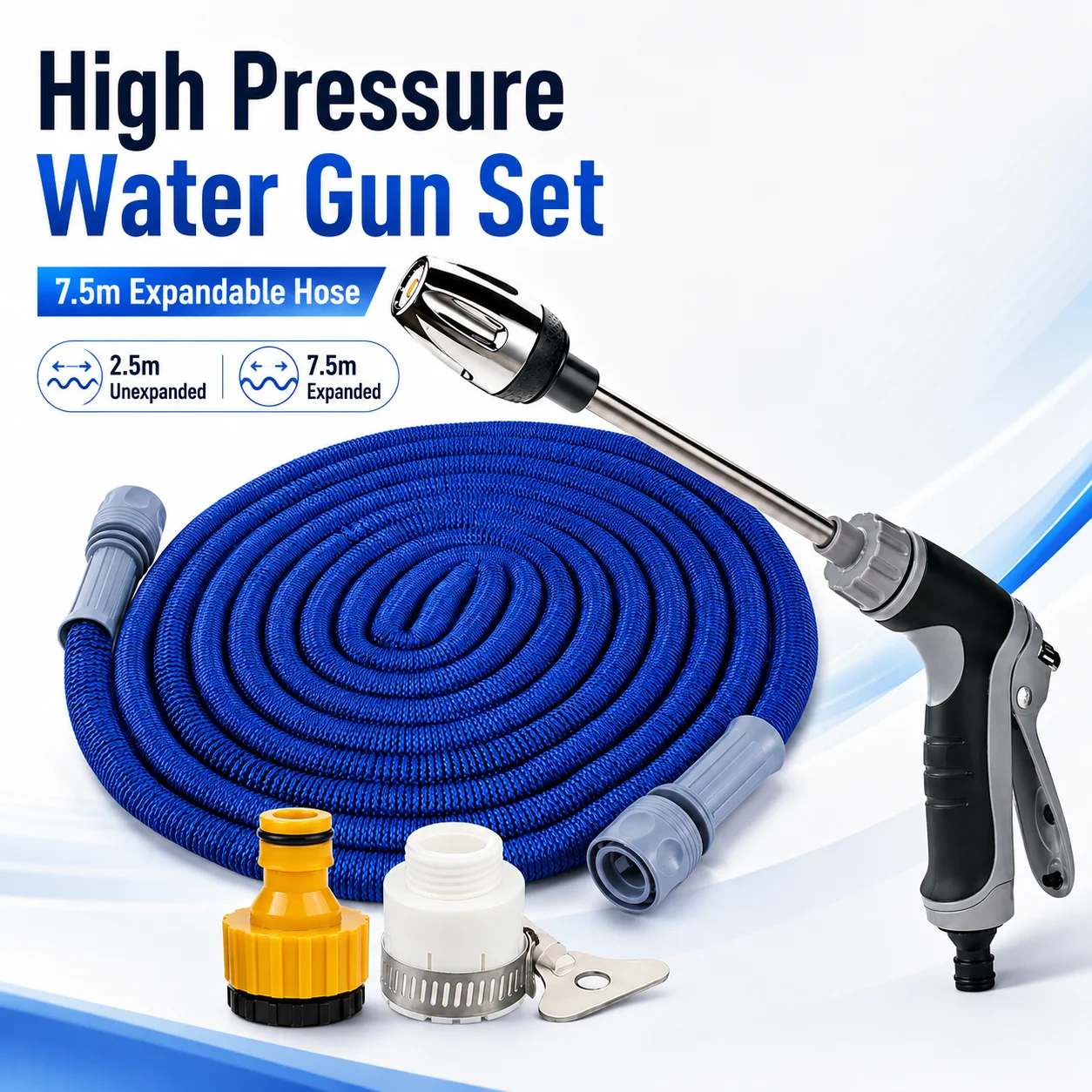 High Pressure Water Gun with 7.5m Expandable Garden Hose T8 Long Spray Nozzle Car Wash Watering Cleaning Tool