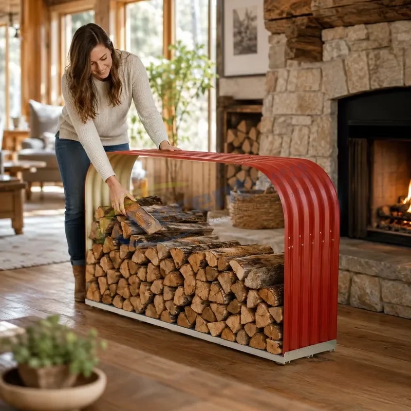 Wholesale Heavy Red Corrugated Metal Arched Roof with Galvanized Steel Outdoor Log Rack Firewood Storage
