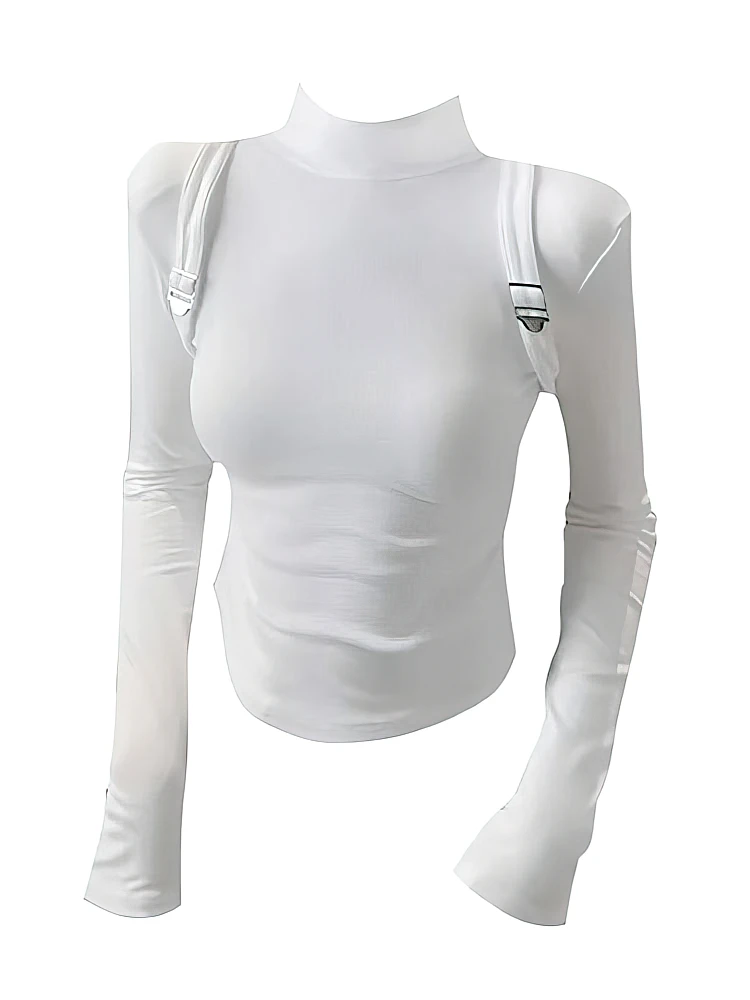 2000S Vintage Fleece Rollkragen Langarm T-shirt Frauen Mit Hosenträger Y2k Grundlegende Tops Herbst Winter Mode Gestellte Tees Hemd