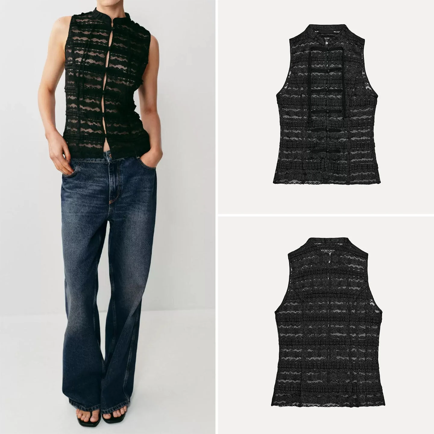 

Women's Summer 2026 New Style Sleeveless round Neck Lace Hollow Vest Top European Style ZADATA Shirt No Special Function Zipper