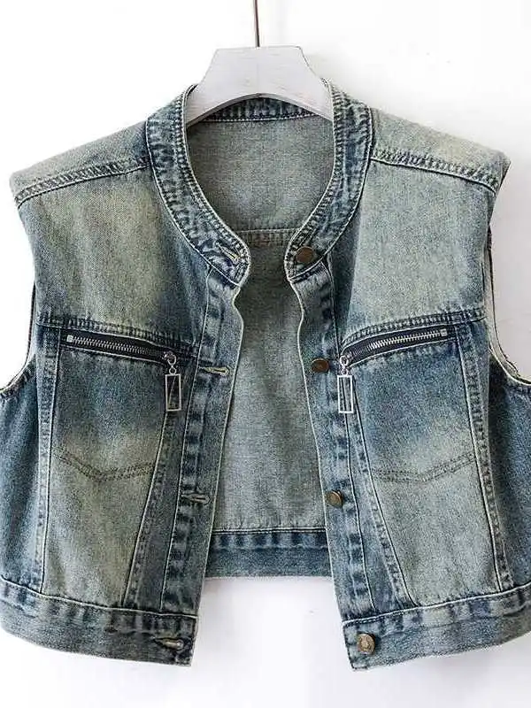 

Retro Style Short Sleeveless Denim Vest Jacket Stand Collar Breathable Women's Fashion Spring Summer Autumn New Arrival