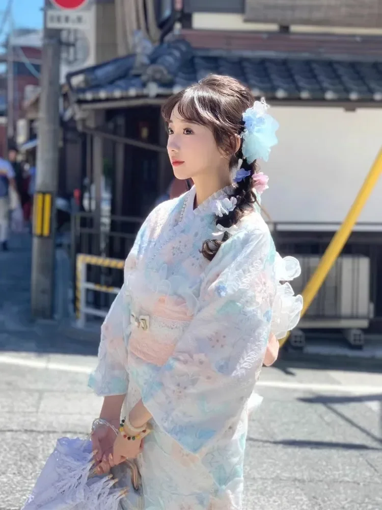 

Женское кружевное официальное кимоно в японском стиле, традиционное вышитое юката, романтическое платье для фотографии, карнавальный костюм