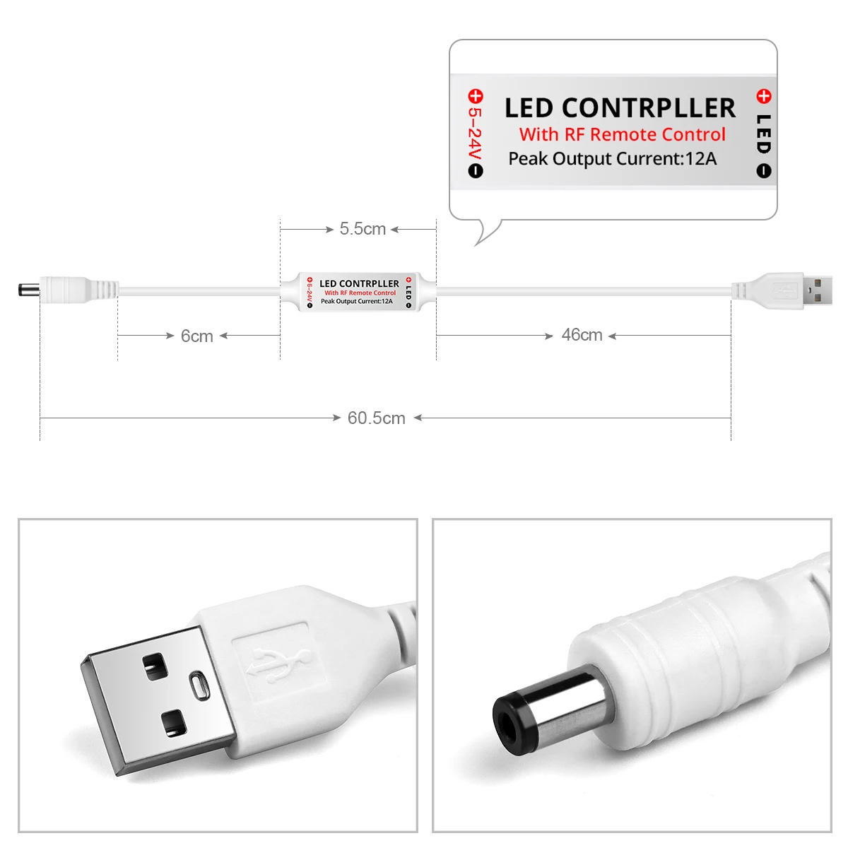 DC5V USB Ściemnialny kontroler LED ze ściemniaczem RF Pilot ON/OFF 5V DC żeński LED Strip Light