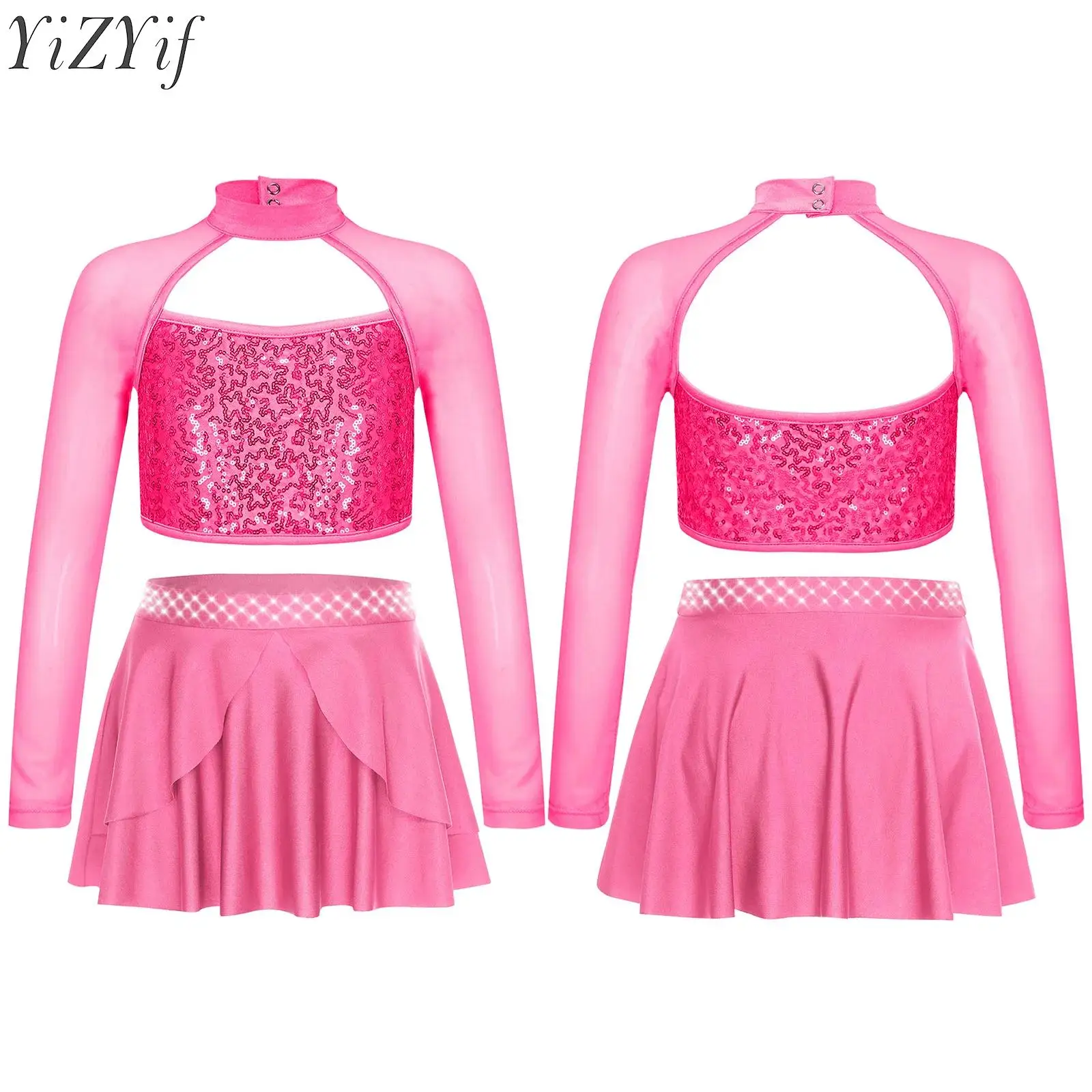 

Kids Girls Latin Jazz Dance Sets Ballerina Performance Costume Long Sleeves Sequins Crop Top Rhinestones Irregular Hem Skirt