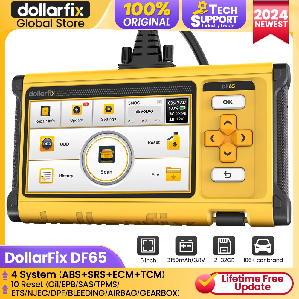 

DollarFix DF65 OBD2 Auto Scanner tools ECM/TCM/ABS/SRS 4 System car Diagnosis Scan Tool 10 Reset Oil/EPB/ETS/SAS/TPMS LifeFree