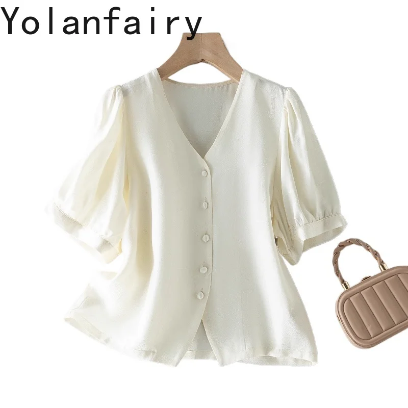 

YOLANFAIRY, элегантные французские рубашки из 100% тутового шелка для женщин, летние топы с v-образным вырезом и короткими пышными рукавами, модные женские рубашки, сорочки