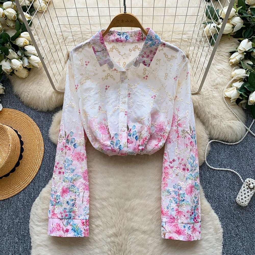 

Women's Shirt French Country Style Embroidered Floral Long Sleeve Casual Blouse Loose Fit Spring Autumn Top Female Blusa BL465