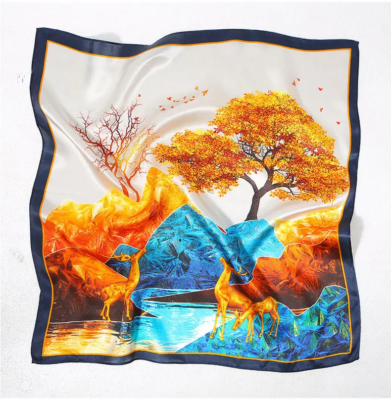 Birdtree 68cm 100%Mulberry Silk Art Printing Scarf Spring Autumn New Shawl Designed Elegant Kerchief Fashion Scarves A3N854QM