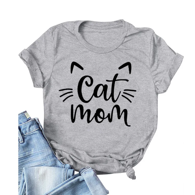 Camiseta con estampado de gato y mamá para Mujer, ropa holgada de manga corta con cuello redondo, Tops