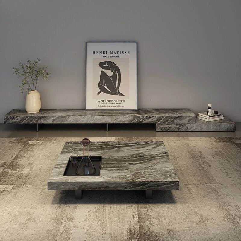 Italian rock slab TV cabinet furniture extendable coffee table combination set telescopic TV cabinet
