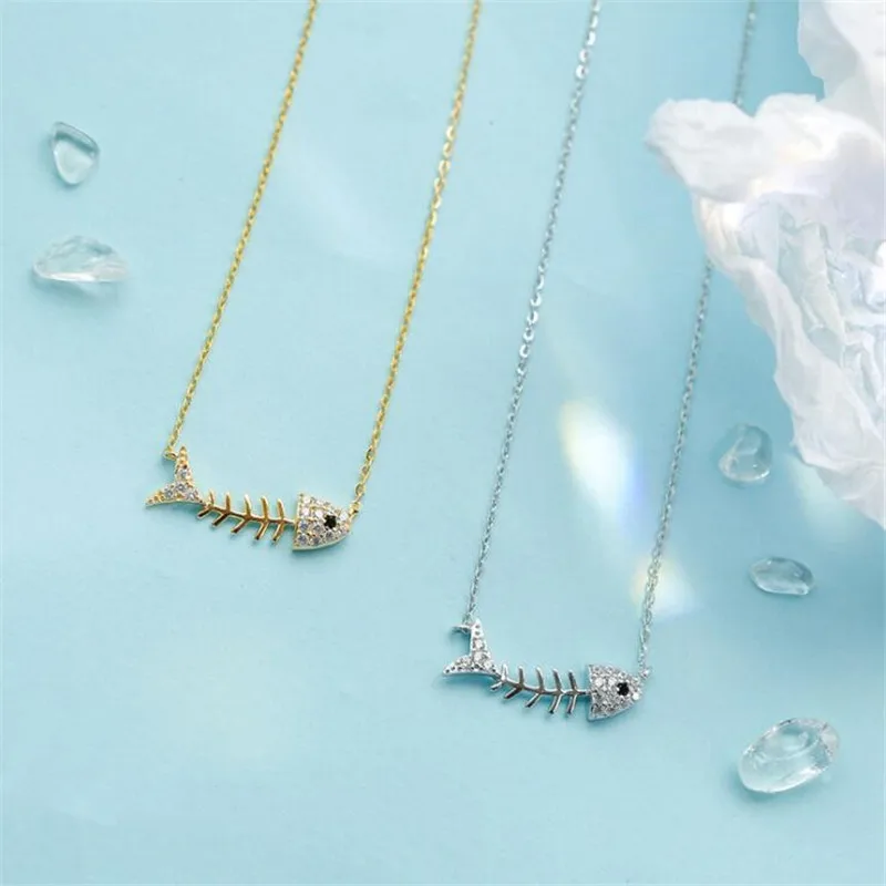 New Fashion Creative Popular 925 Sterling Silver Jewelry Personality Fish Bones Crystal Clavicle Chain Pendant Necklaces  XL143