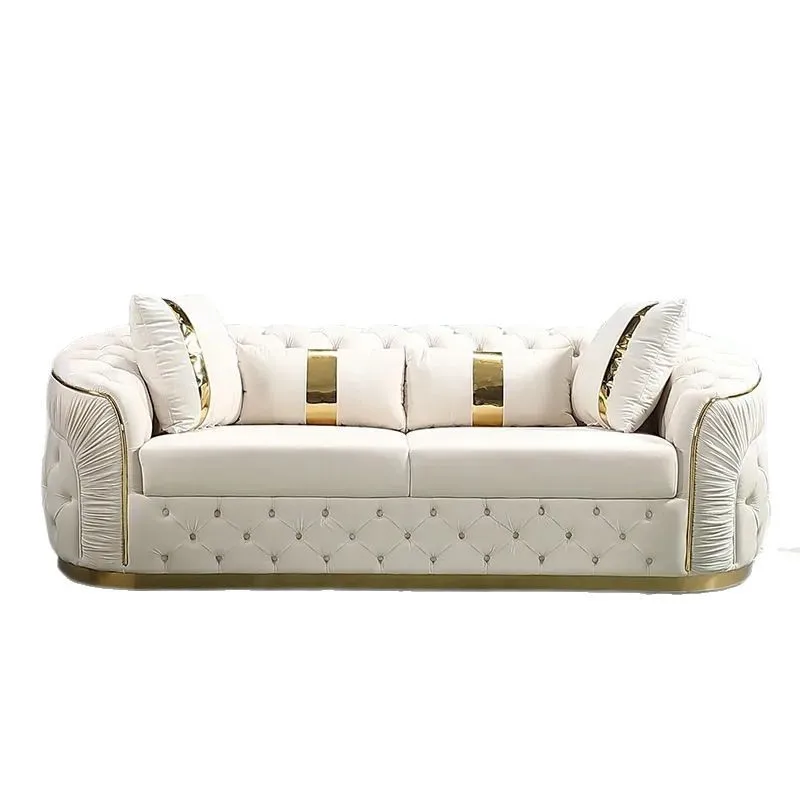 Light Luxury White L Shaped PU Leather Sofa Set Golden Metal Decoration Modern Minimalist Design High Density Sponge Living Room