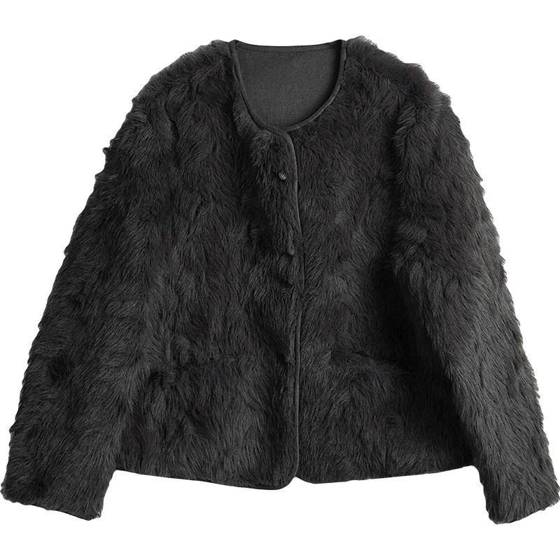 OLrain Commute معطف فرو صناعي بسيط للنساء شتاء 2025 سترات برقبة دائرية معاطف صلبة فضفاضة واحدة الصدر للسيدات GO57DP002511 #6