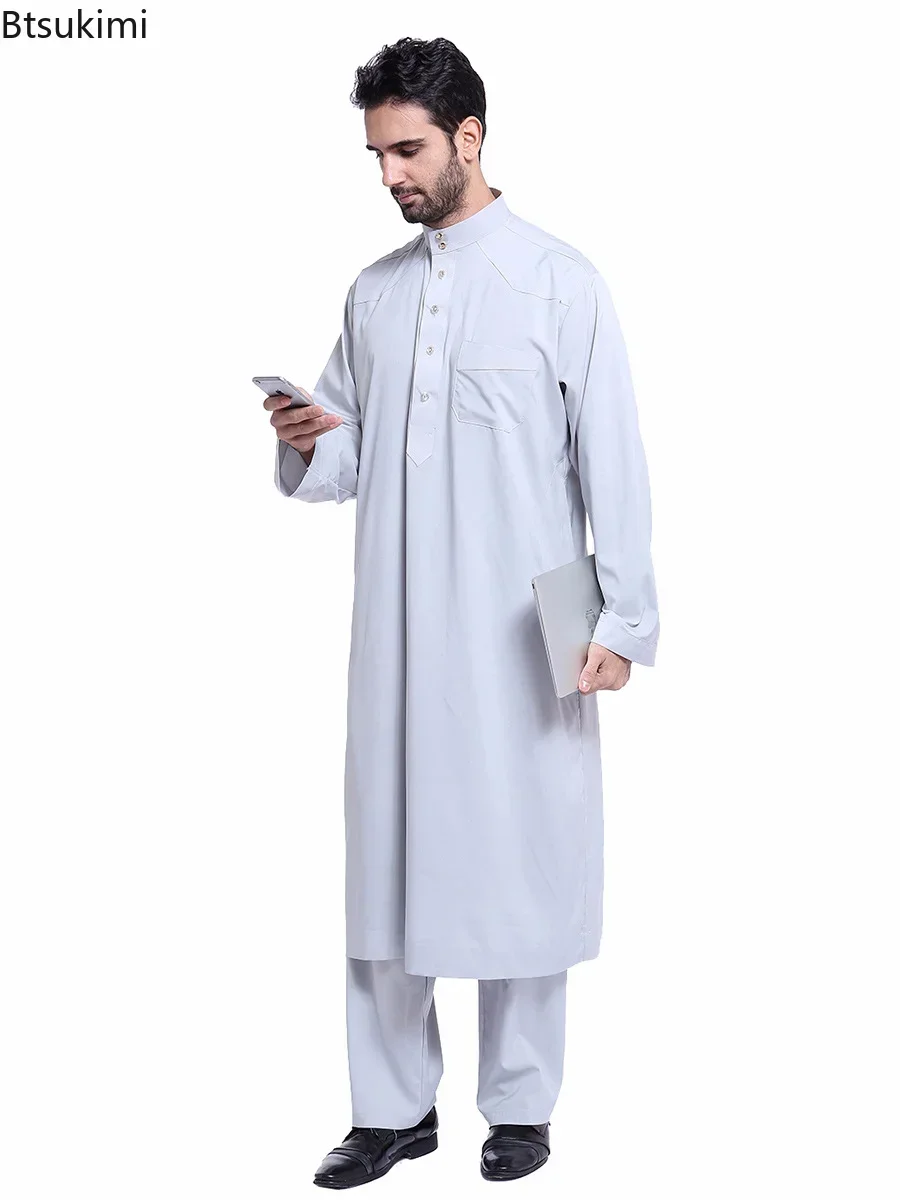 Muslim Arabic Men Jubba Thobe Button Robe+pants2pcs Clothes Suit Abaya Saudi Arabia Eid Turkey Kurtas Islamic Muslim Daily Dress