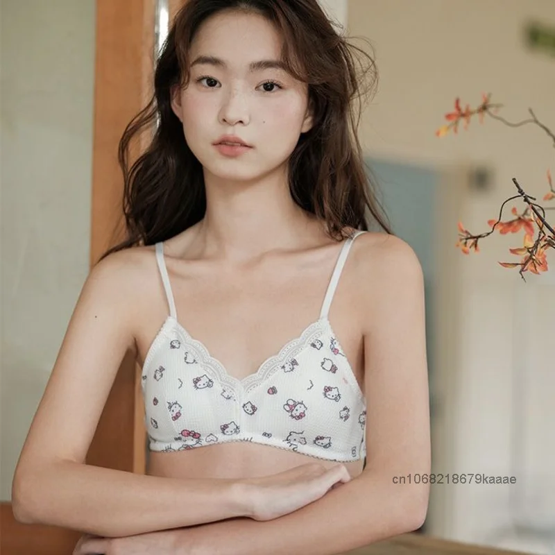 Sanrio Hello Kitty Kawaii Cartoon Plaid Sweet Soft Y2k Girl Student Underwear Female No Steel Rim Comfortable Lace Edge Bra Set