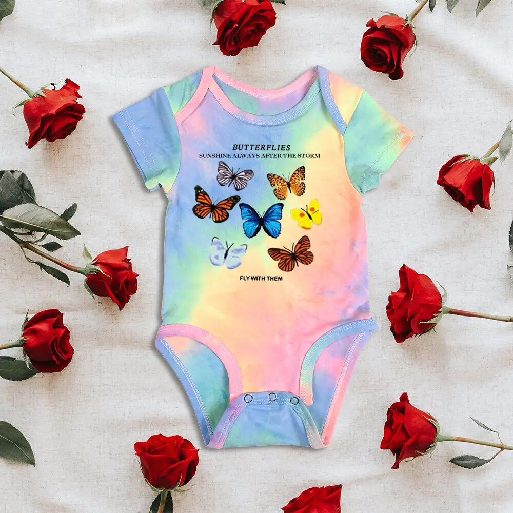 Infant's Butterfly Pattern Print Bodysuit Casual Tie Dye Triangle Romper Short Sleeve Jumpsuit Baby Girl's Clothing for Summer