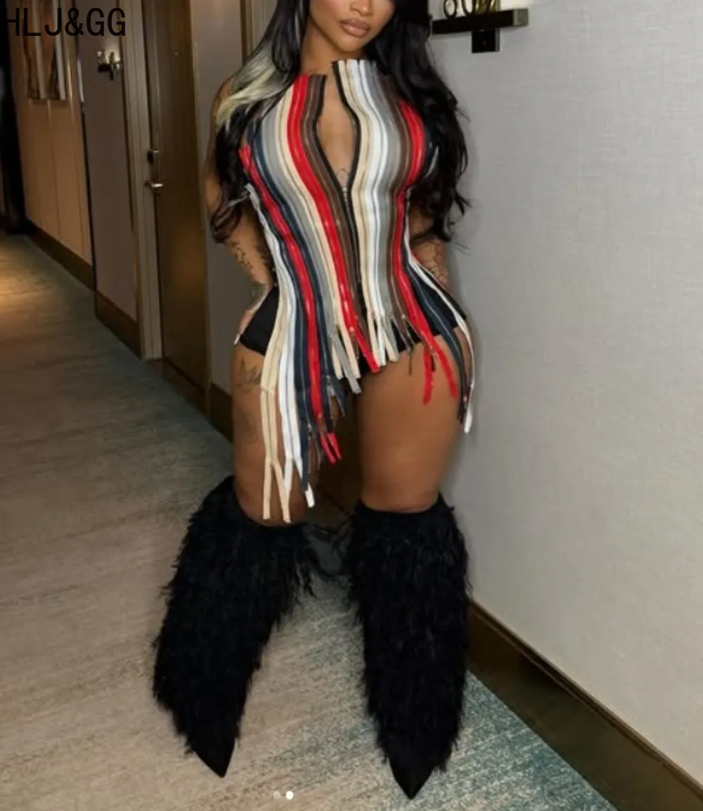 HLJ&GG Sexy 2 Pieces Set for Woman Color Block Zipper Irregular Backless Crop Top and Shorts Matching Female Streetwear New - Image 3